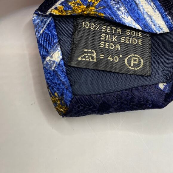 Ermenegildo Zegna Men' Silk Tie Necktie Navy Check Boho Gold Floral Branch Italy - Picture 7 of 8